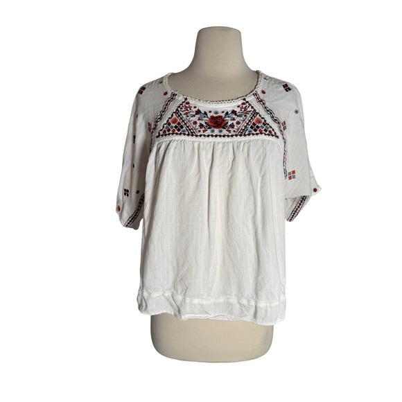 Knox Rose Tops - Knox Rose White Embroidered Peasant Blouse Short Sleeve Boho Rayon Womens SZ M